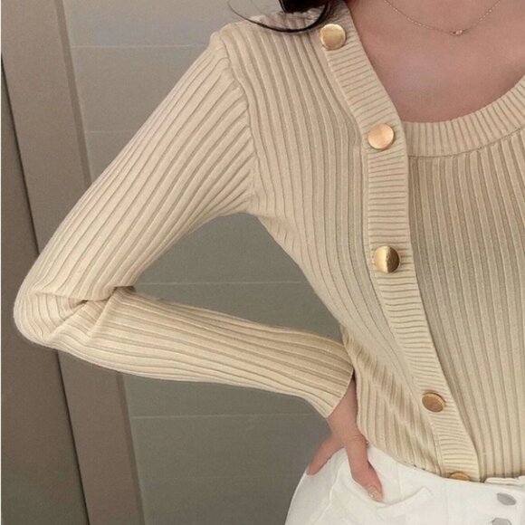 rib knit asymmetrical button detail sweater - Picture 8 of 8